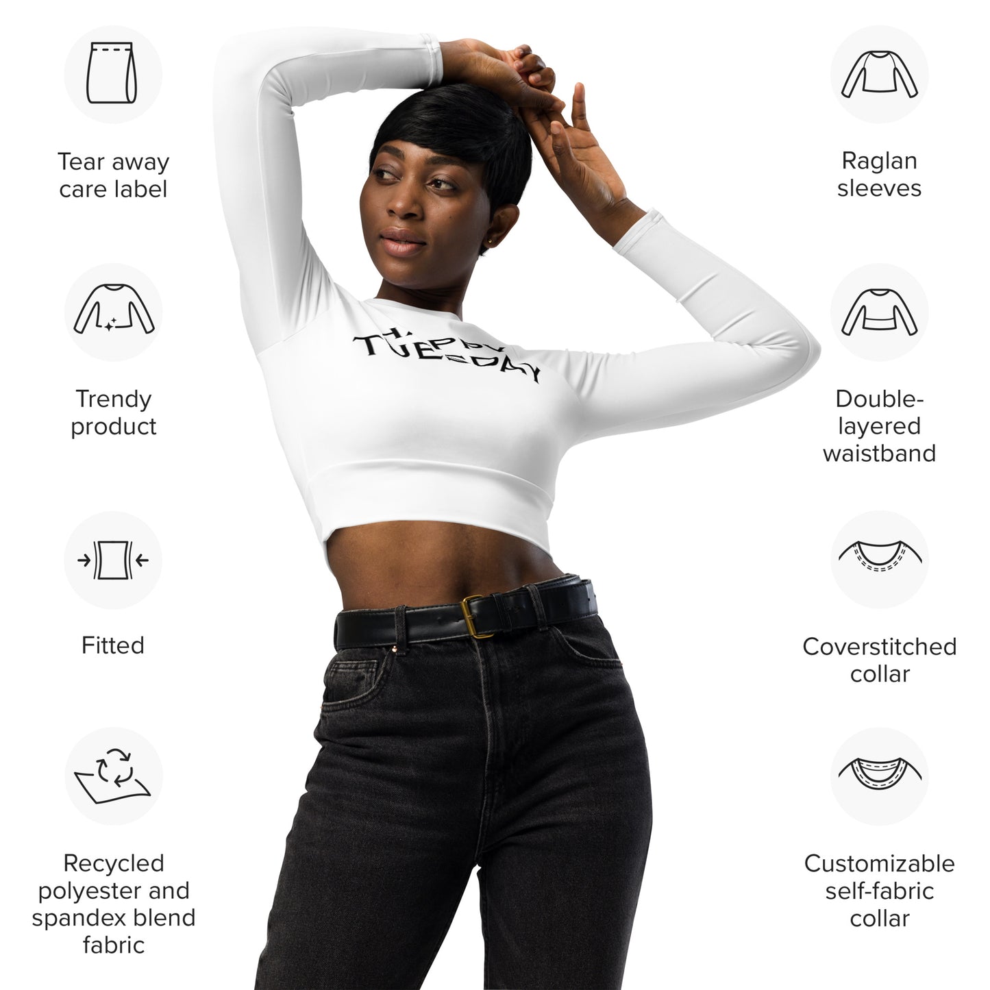 Recycled long-sleeve Happy Tuesday crop top