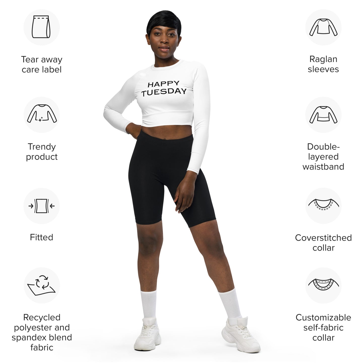 Recycled long-sleeve Happy Tuesday crop top